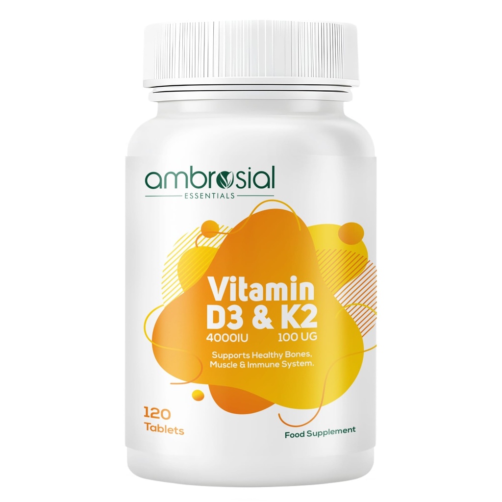 Ambrosial Vitamin D3 & K2 Tablets 4000IU Vitamin D3 + 100µg K2 MK-7 for Healthy Bones, Muscles, and to Support The Immune System -120 Tablets