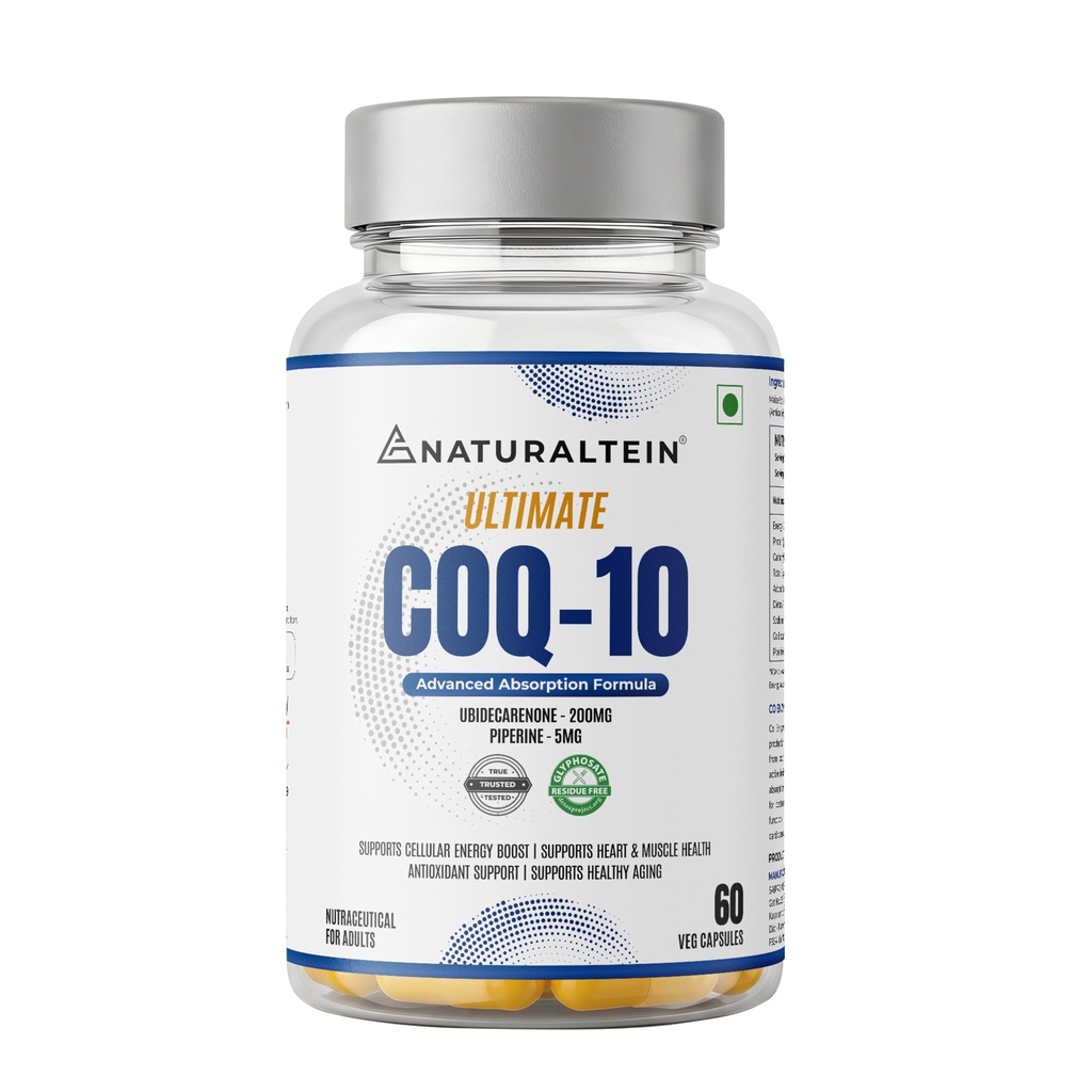 NATURALTEIN Ultimate CoQ-10 200mg with Piperine 5mg | Enhanced Absorption | Supports Energy, Heart & Muscle Health, Antioxidant Support | 60 Veg Capsules