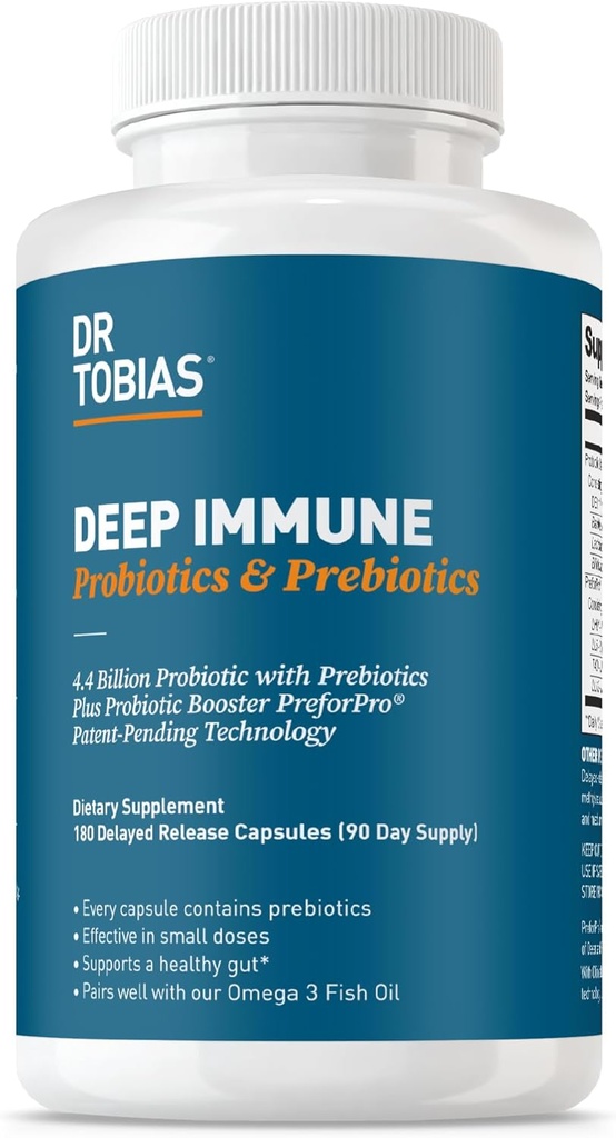 Dr Tobias Probiotiques et prébiotiques immunes profonds, Digestion double action et soutien immunitaire avec PreforPro Prébiotiques et spore à libération différée formant des probiotiques pour les femmes et les hommes, 180 capsules, 90 portions