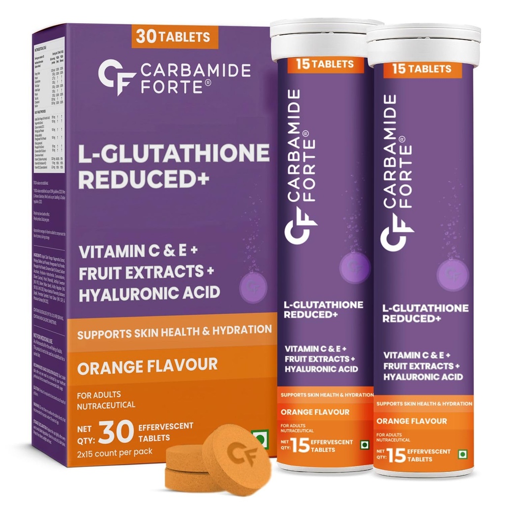 Carbamide Forte Japanese Reduced L Glutathione Supplements Effervescent Tablet 600mg | L Glutathione Tablets for Skin Whitening with Vitamin C, Hyaluronic Acid, Blue Berry Extract, Goji Berry Extract, Grape seed Extract, Vitamin E, Lycopene, Astaxanthin, Biotin & Selenium - 15 Tablets ( Pack of 2 )