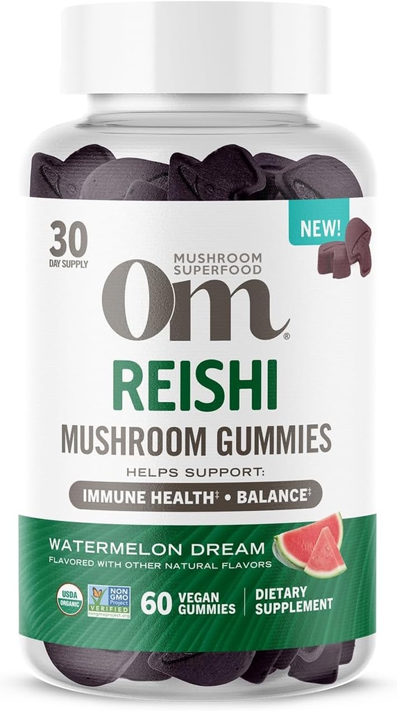 Om Mushroom Superfood Reishi Gummies, USA Grown Organic Mushrooms, Supports Immune Health, Balance, & Stress, 60 Count, 30 Servings Gummy Supplements
