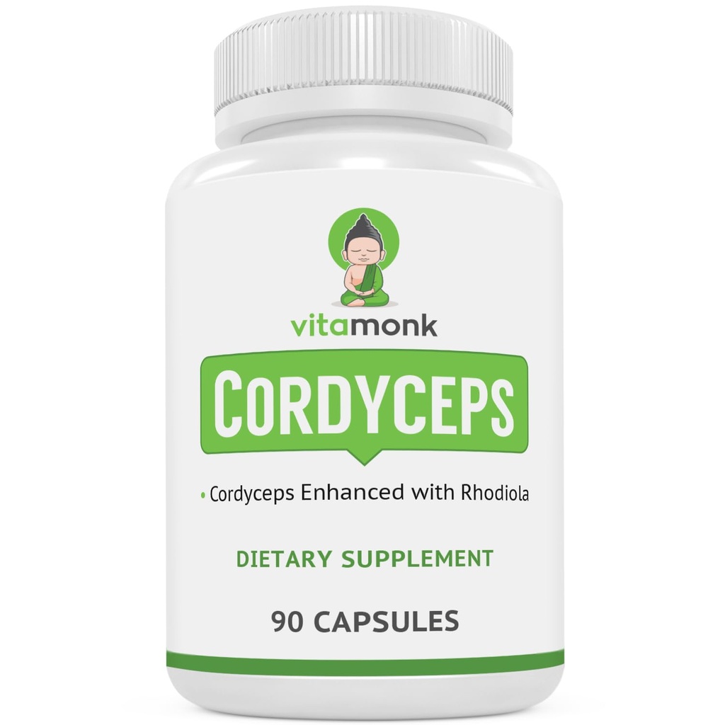 VitaMonk Cordyceps Mushroom Capsules avec Rhodiola, 2 Grams de Cordyceps Mushroom Enhanced with Rhodiola - Boost Energy, Combattre le stress, Améliorer la performance, Non-OGM - 2000mg - 90 capsules