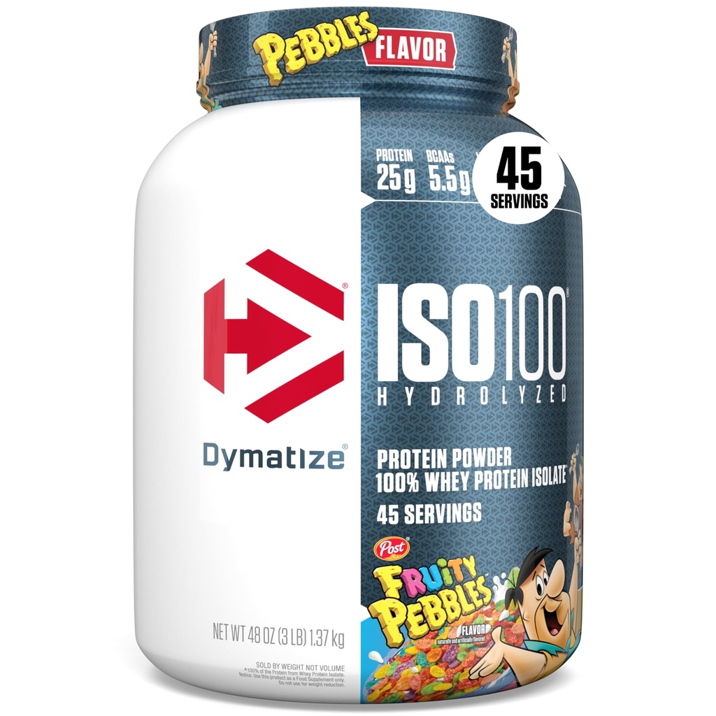 Dymatiser x Pois fruités ISO100 Poudre de protéines de lactosérum, 25g de protéines, 5,5g BCAAs, 120 Cal., sans gluten, 1g de gras, 1g de sucre, 2g de glucides (45 portions)