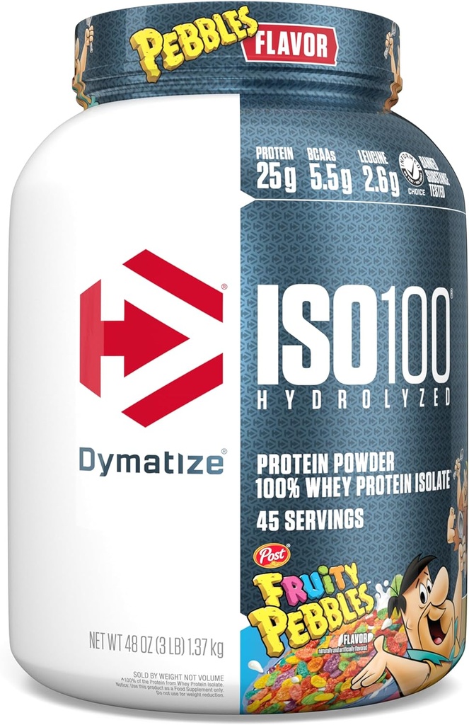 Dymatiser x Pois fruités ISO100 Poudre de protéines de lactosérum, 25g de protéines, 5,5g BCAAs, 120 Cal., sans gluten, 1g de gras, 1g de sucre, 2g de glucides (45 portions)