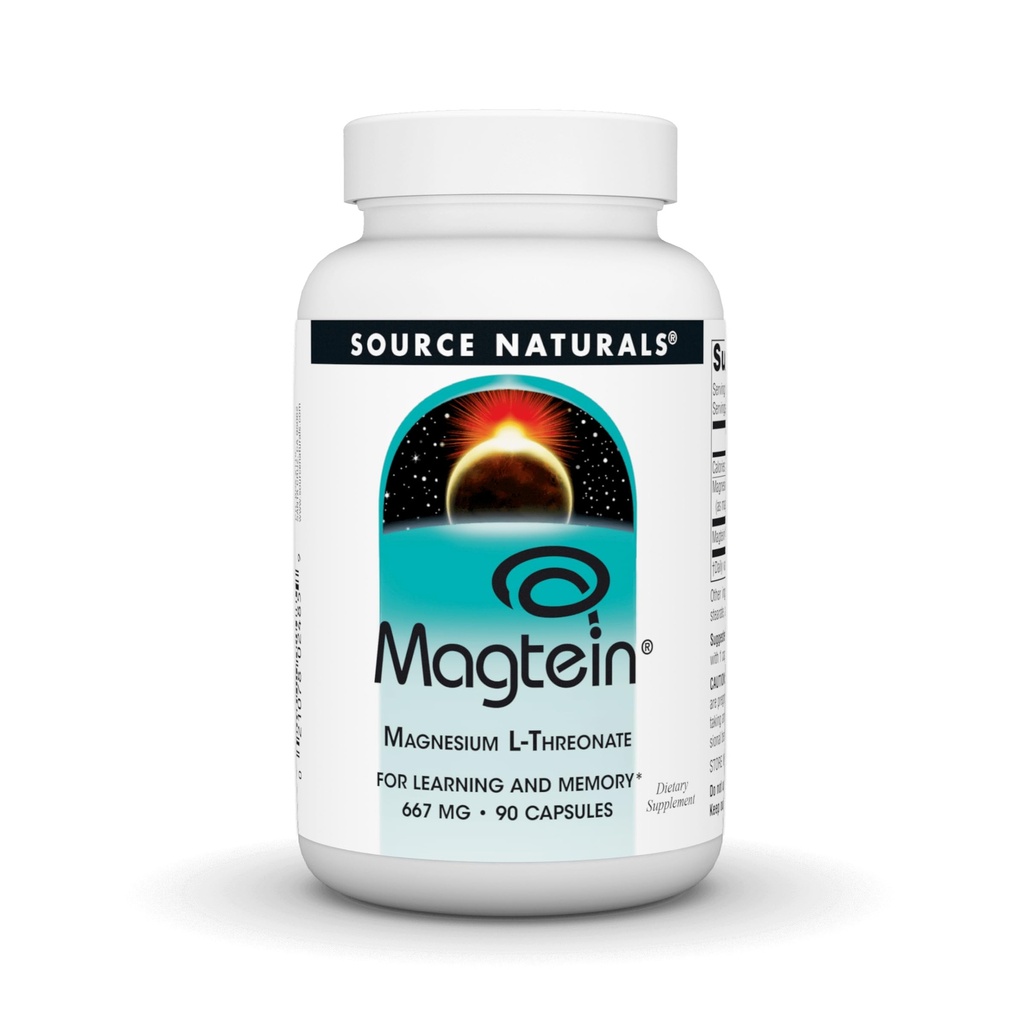 Source Naturals Magtéin Magnésium L-Thréonate 667mg soutient la concentration, l'humeur, la mémoire saine, la fonction cognitive, le sommeil* - 90 capsules