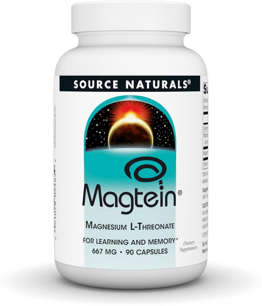 Source Naturals Magtéin Magnésium L-Thréonate 667mg soutient la concentration, l'humeur, la mémoire saine, la fonction cognitive, le sommeil* - 90 capsules