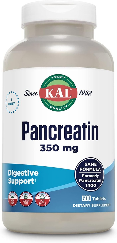 KAL Pancreatin 350mg, Enzymes digestifs pour les femmes et les hommes, Enzymes pancréatiques pour le soutien de la santé digestive, sans gluten, non OGM, désintégration rapide, garantie de 60 jours, 500 portions, 500 comprimés