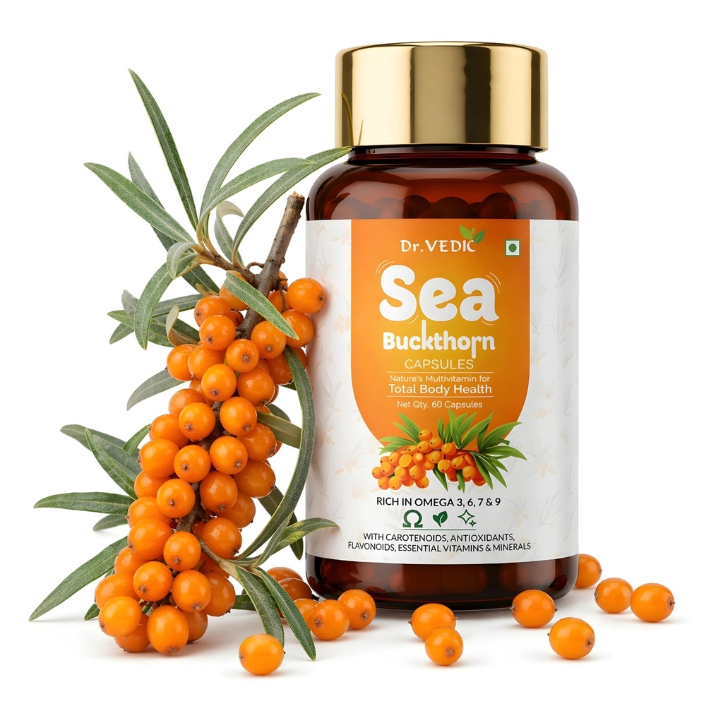 Dr Vedic Sea Buckthorn Berry 500mg Capsules | Vegan Omega 3, 6, 7 & 9 Supplement for Skin, Heart, Joint & Bone Support | Natural Antioxidant Formula | 60 Capsules | 30 Day Supply