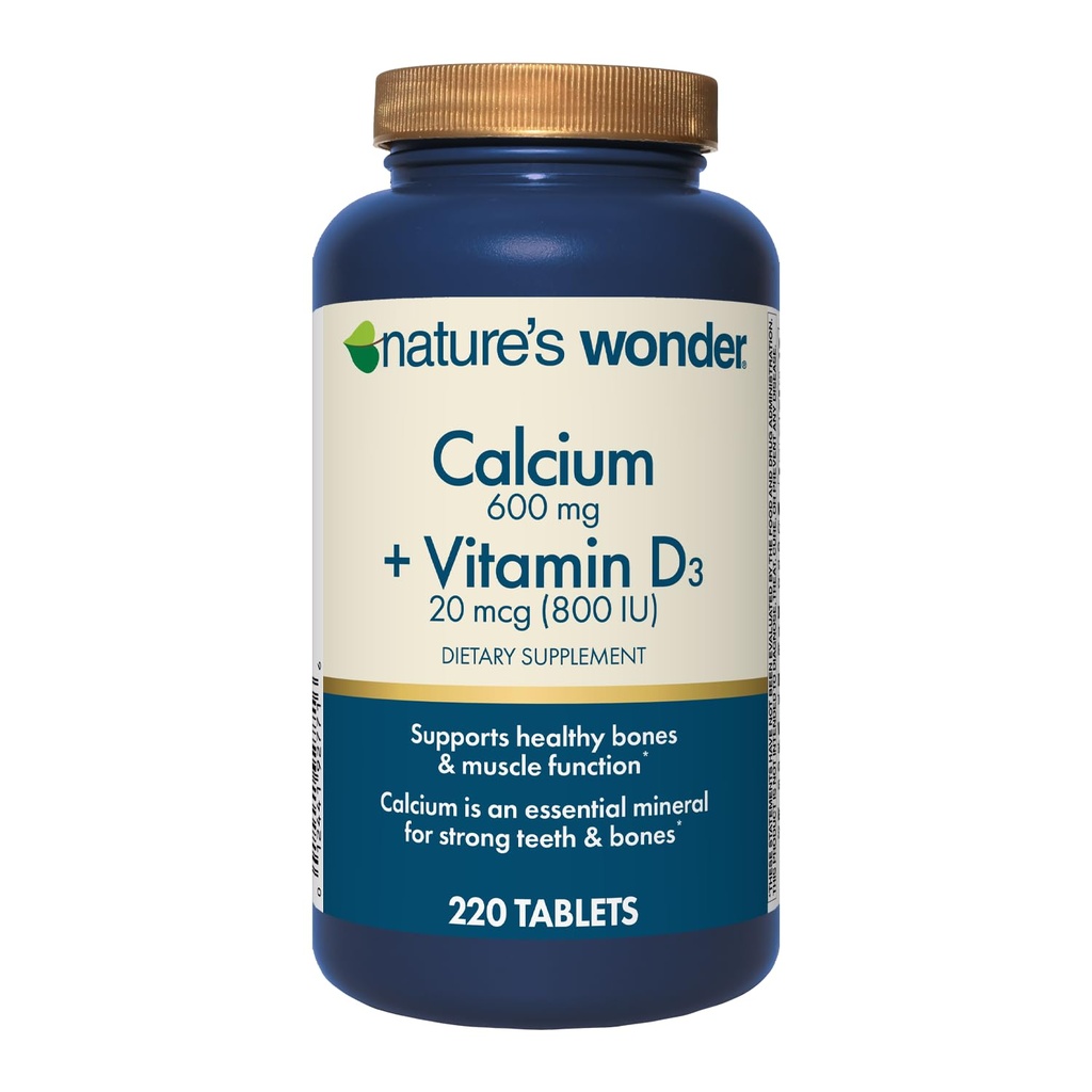 Nature's Wonder Calcium 600 mg avec vitamine D3 20 mcg pour la santé des os, 220 comprimés