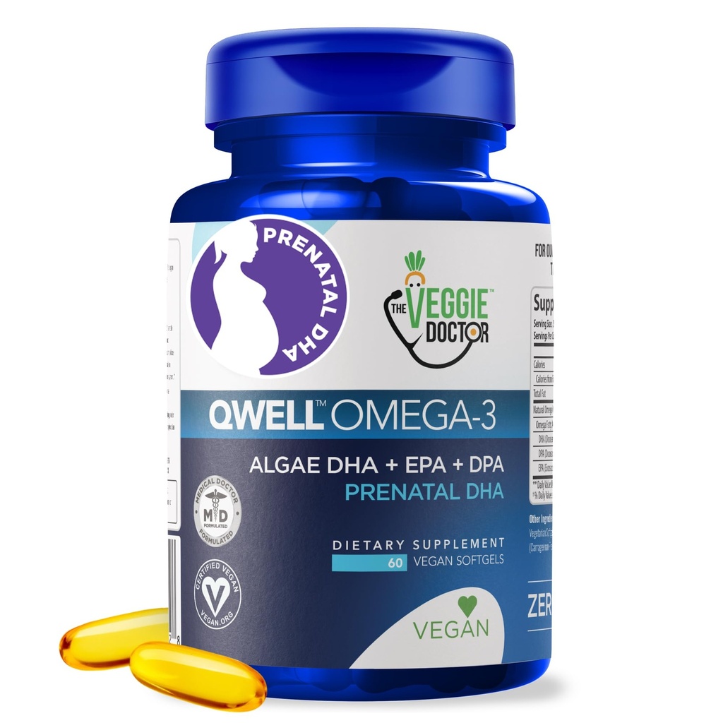 Vitamines prénatales véganes avec DHA (60 Nombre) Oméga-3 - Qwell mieux que l'huile de poisson, fonction cérébrale - 820 Mg Algae DHA & EPA, Vitamines prénatales véganes avec vitamine E, sans carrageenan