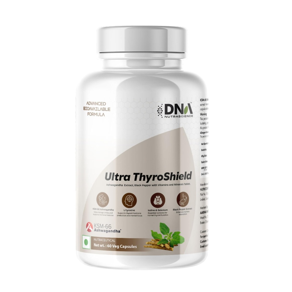 DNA NUTRASCIENCEUltra Thyroshield with KSM-66 Ashwagandha L-Tyrosine Selenium Iodine Zinc Vitamins D3 B12 60 Capsules Thyroid Support Metabolism Energy Stress Balance Hormonal Wellness Daily Supplement