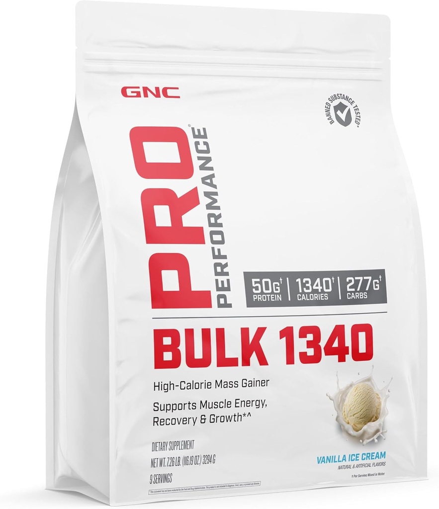 GNC Pro Performance Bulk 1340 Poudre de protéines gaineuses de masse, 50g, Sans gluten, Whey, Créatine, BCAA, 3e partie testée, Récupération et croissance musculaires, Micronutriments, Crème glacée Vanilla, 9 portions