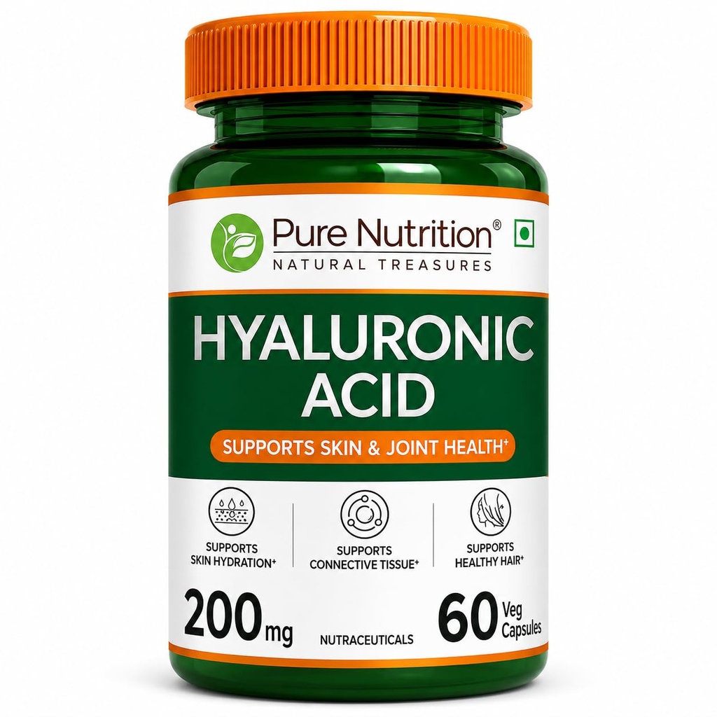 Pure Nutrition Hyaluronic Acid Tablets for Skin Whitening 200mg | Hyaluronic Acid Supplements Supports Skin Hydration, Joint Health & Connective Tissue | for Men & Women - 60 Veg Capsules
