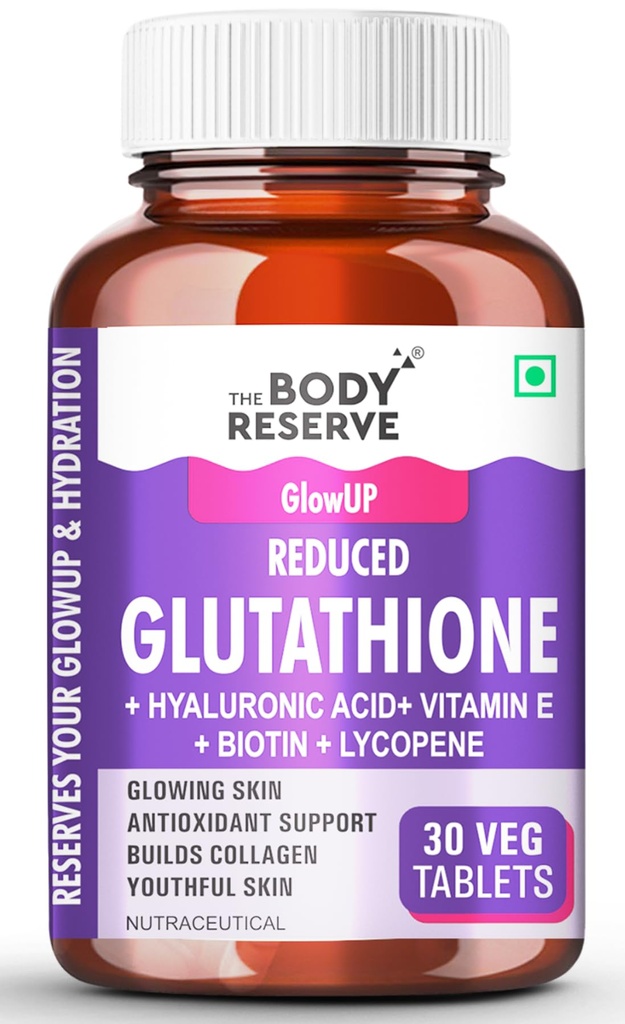The Body Reserve Japanese L-Glutathione Tablets for Skin Whitening | 500mg Glutathione Supplements with Hyaluronic Acid, Vitamin E, Lycopene & Biotin | Skin Glow & Collagen Support | Sugar-Free, 30 Tablets
