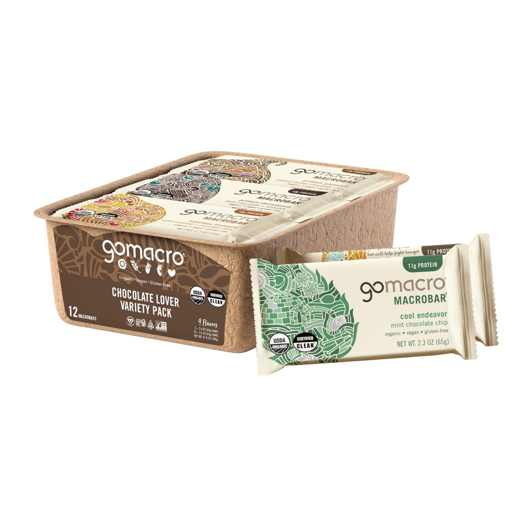 GoMacro MacroBar Barres de protéines végétales biologiques - Paquet de variétés de lard de chocolat (2.3 Barres d'Once, 12 Nombre)