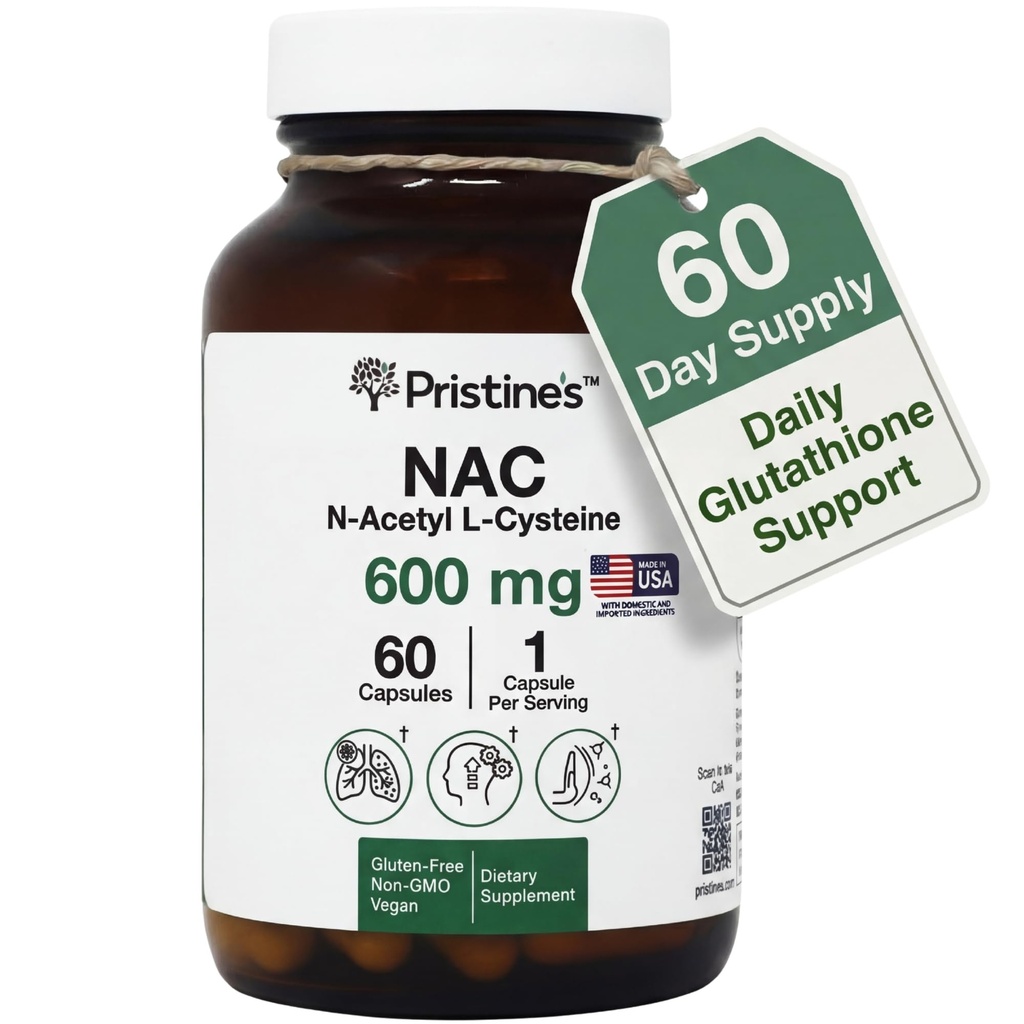 PRISTINE's N-acétyl L-Cysteine (NAC) 600MG 60 jours de supplément d'approvisionnement Capsules - Glutathion & Detox Support - Potent Antioxydant - Vegan, sans gluten, bouteille de verre non OGM