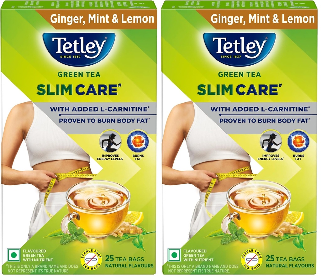 Tetley Green Tea Slim Care, With Added L-Carnitine, Helps Burn Body Fat, Boosts Energy, Low Calories, Delicious Natural Ginger, Mint and Lemon Flavours, Makes 25 cups (Pack of 2)
