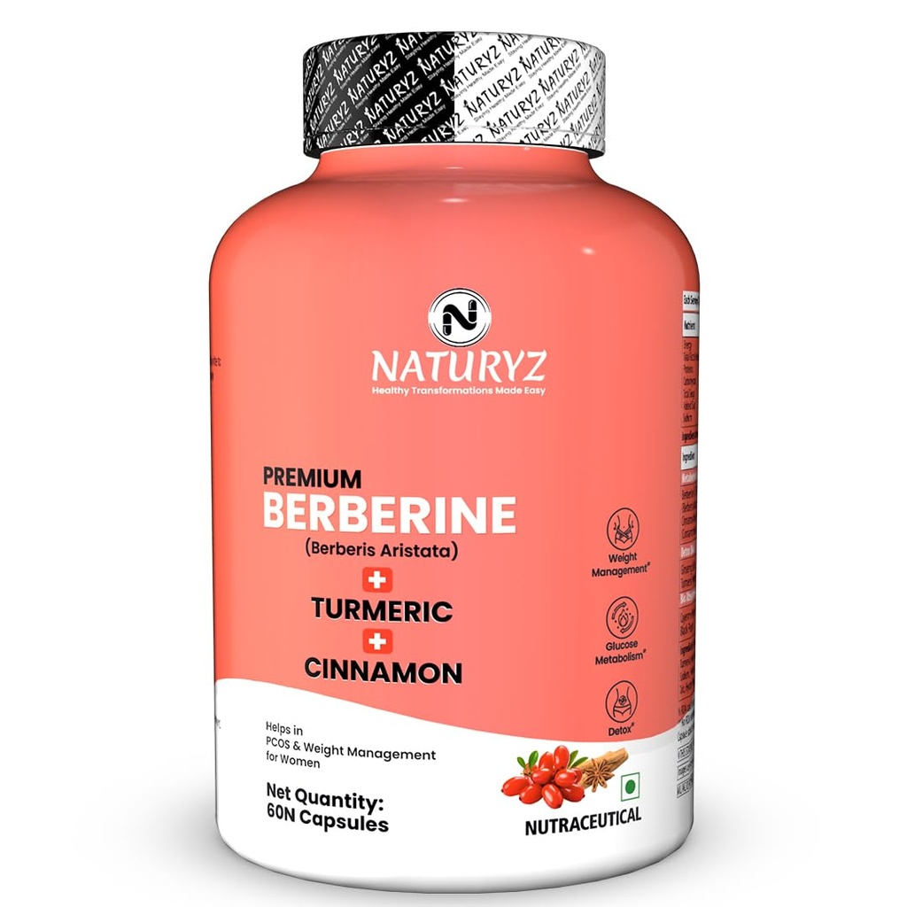 NATURYZ Premium Berberine + Cinnamon + Turmeric Weight Loss Supplement for Women | Supports in Management of PCOS & Hormonal Balance | Regulates Blood Sugar & Cravings | Plant Based – No Chemicals | Bio Absorption Blend for faster Absorption | Vegetarian- 60 Capsules