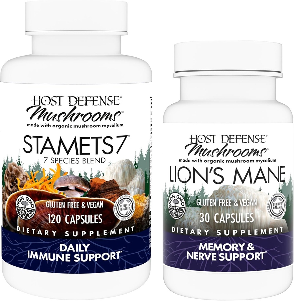 Host Defense Bundle with Stamets 7, 120 Count & Lion's Mane Capsules, 30 Count - Soutien Immune Santé & Fonction - Soutien Cerveau Santé, Mémoire & Focus*