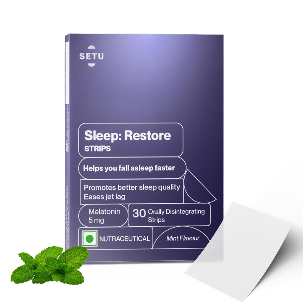 Setu Sleep Restore Melatonin 5mg - 30 Orally Dissolving Strips (Pack of 1) | Plant Based 5 mg Melatonin | Promotes Relaxation & Sleep, Eases Jet Lag Strain, Non-Habit Forming | Tasty Mint Flavor