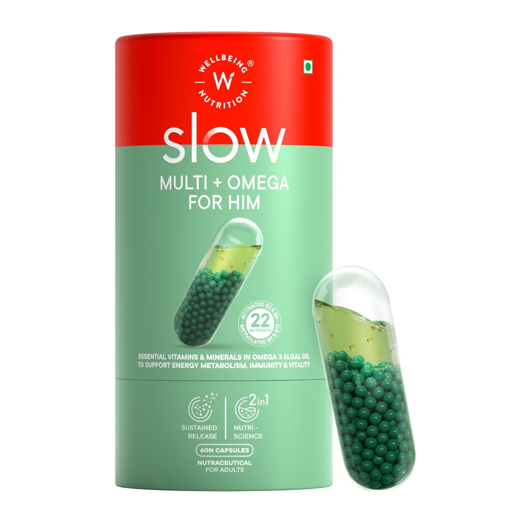 Wellbeing Nutrition Slow Multivitamin + Omega 3 for Men with Probiotics, B-Complex, Ginseng, 23 Vitamins & Minerals, 15 Antioxidants | Stamina, Metabolism, Bones, Immunity, Digestion, 60 Veg Capsules