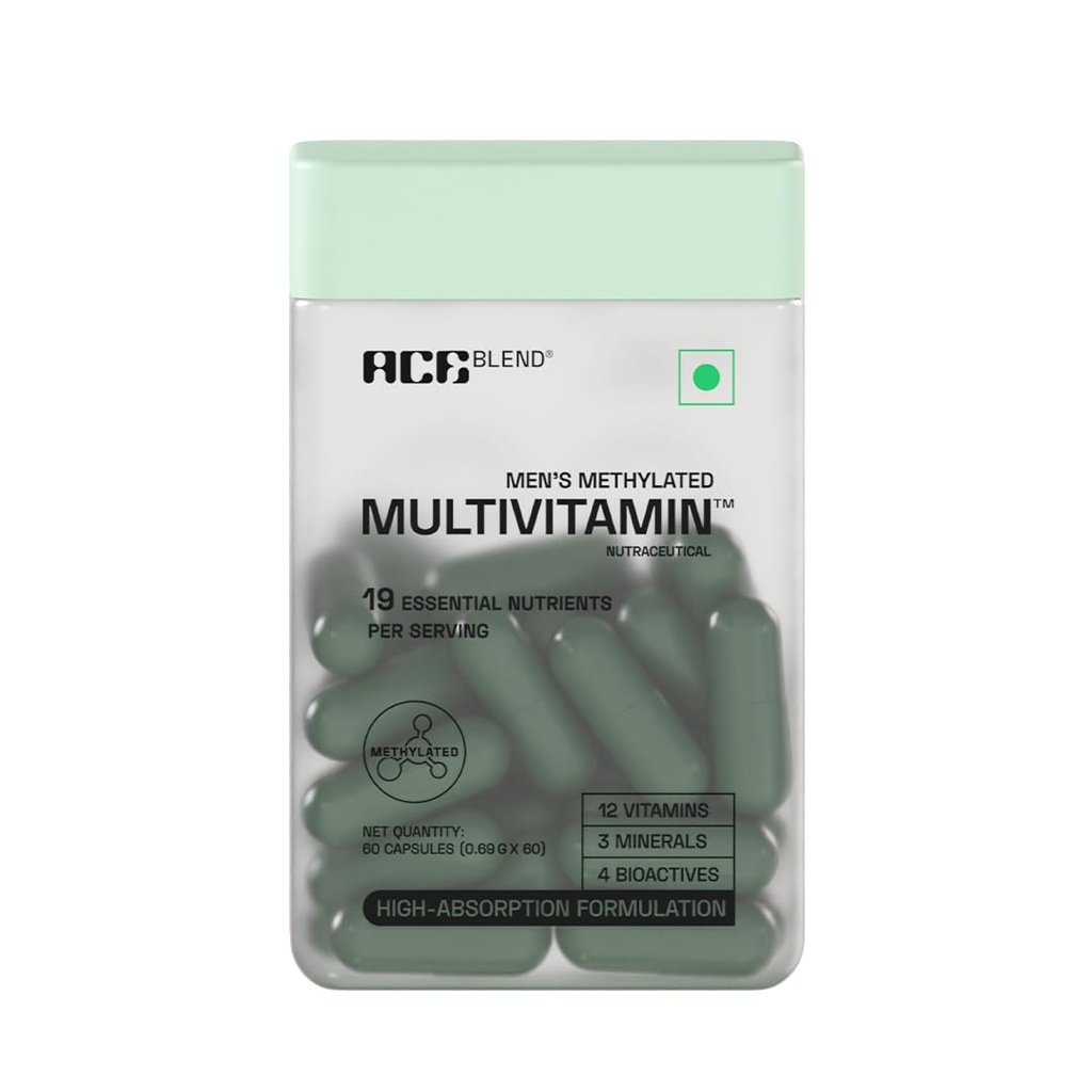 Ace Blend Multivitamin Capsules for Men | Pack of 60 | Methylated Multivitamin with 19 Essential Nutrients | Quatrefolic, MenaQ7 & Vitashine D3 | Supports Energy, Immunity, Focus & Heart Health