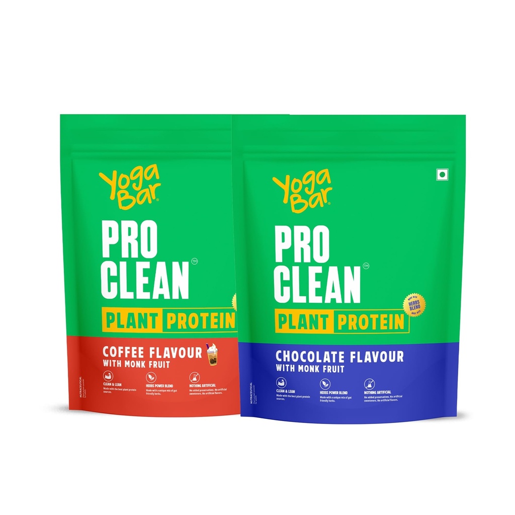 Yogabar Pro Clean Plant Protein Powder | Chocolate & Coffee Flavours | With Monk Fruit | No Added Sugar | 2 x 500g variety pack (Pack of 2)