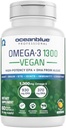 Oceanblue Professional Vegan Omega 3 1300-60 Compte - Huile de poisson végétale Alternative, supplément d'huile d'algues Vegan DHA de haute puissance - non-OGM, 30 portions