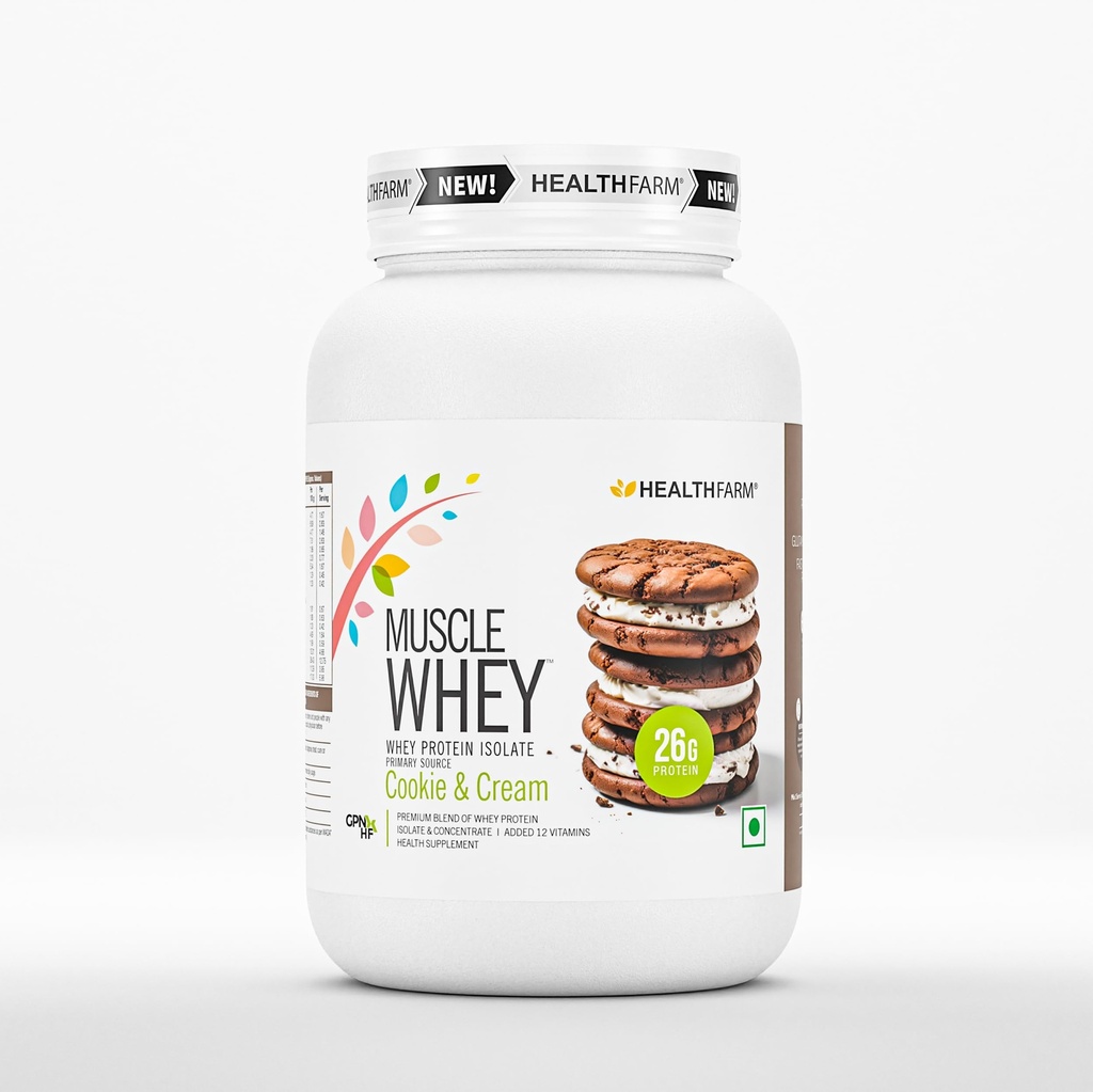 Healthfarm Muscle Whey Protein, Lab Tested for Purity (Cookies and Cream, 1kg)