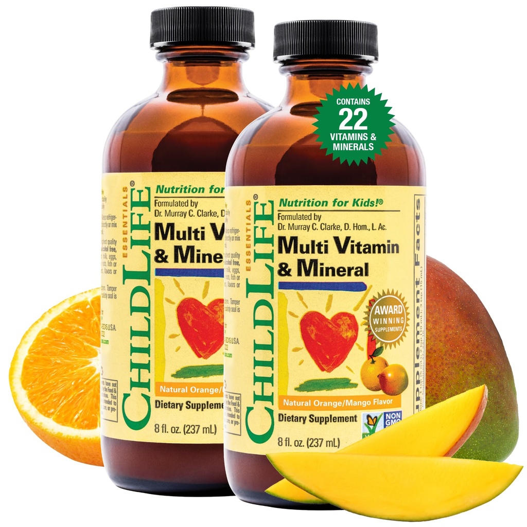 ESSENTIELS POUR ENFANTS Multivitamines et minéraux - Vitamines pour enfants, Multivitamines liquides pour enfants, Multivitamines pour enfants, Vitamines liquides, Multivitamines pour bébés - Orange naturelle et mangue, 8 Fl Oz (paquet de 2)