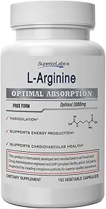 Superior Labs L-Arginine 3000mg, Pure Non-GMO, Acid Amino à haute puissance, Oxyde nitrique et booster de vasodilation pour le flux sanguin, soutient l'énergie et l'endurance, la pompe musculaire et la santé cardiaque, 150 capsules de vég.