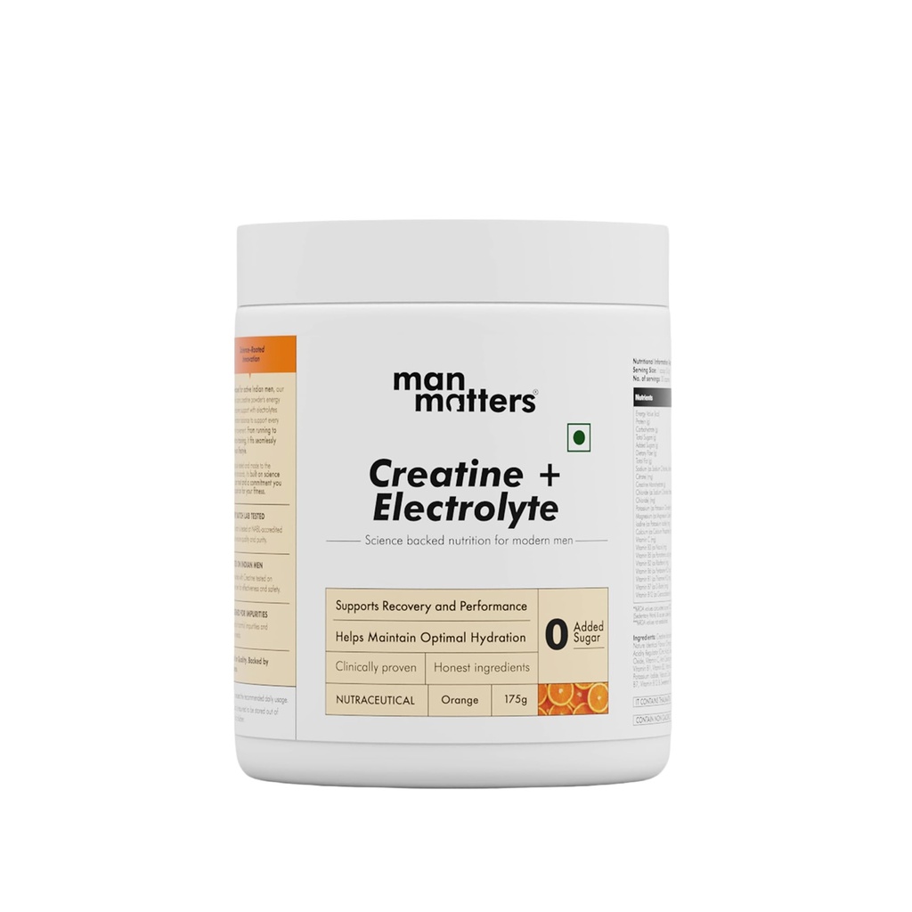 Man Matters Creatine Electrolytes Powder 175g | 3g Creatine Monohydrate with Sodium, Potassium, Magnesium | I Improves Muscle Strength, Hydration & Recovery | 0 Added Sugar & 0 Calories | Orange