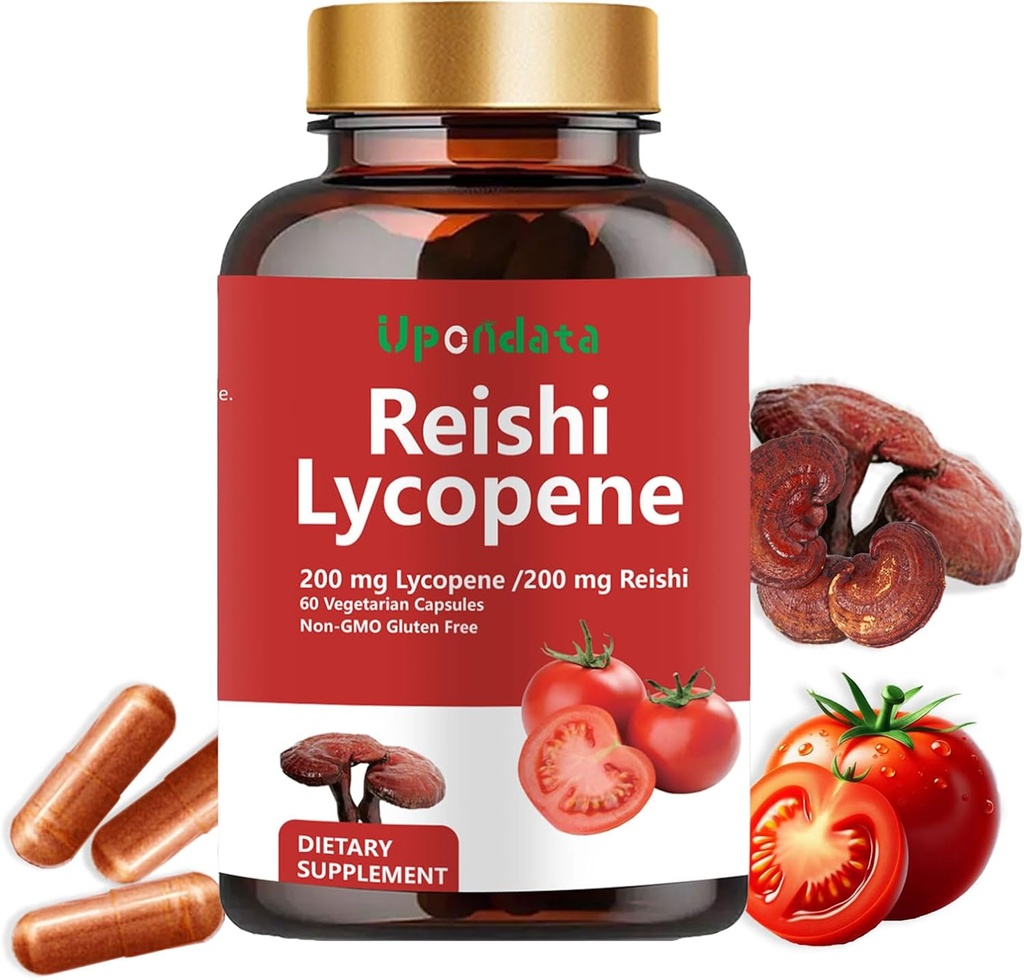 Capsules de lycopène - Supplément de lycopène 200mg avec Reishi Mushroom 200mg, Capsules naturelles d'extrait de tomate pour le support immunitaire - sans gluten, sans OGM