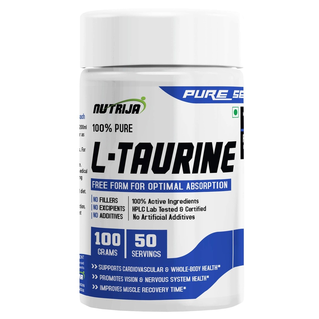 NutriJa Taurine Powder - 100% Pure Free Form Taurine - No Additives, No Fillers - Supports Heart, Nerve & Muscle Recovery 100 Grams Pack