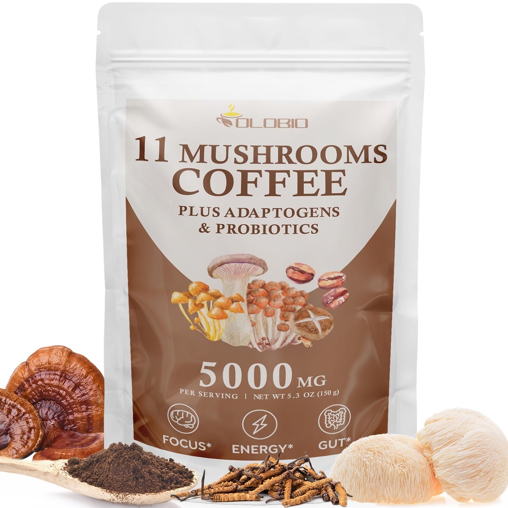 Champignon Café, 11 Champignons Bio Plus Adaptogènes et Probiotiques, avec Lion's Mane, Chaga, Reishi, Complexe Cordyceps, Café instantané pour Focus, Énergie, Gut, Digestion, Immunité - 5.3oz