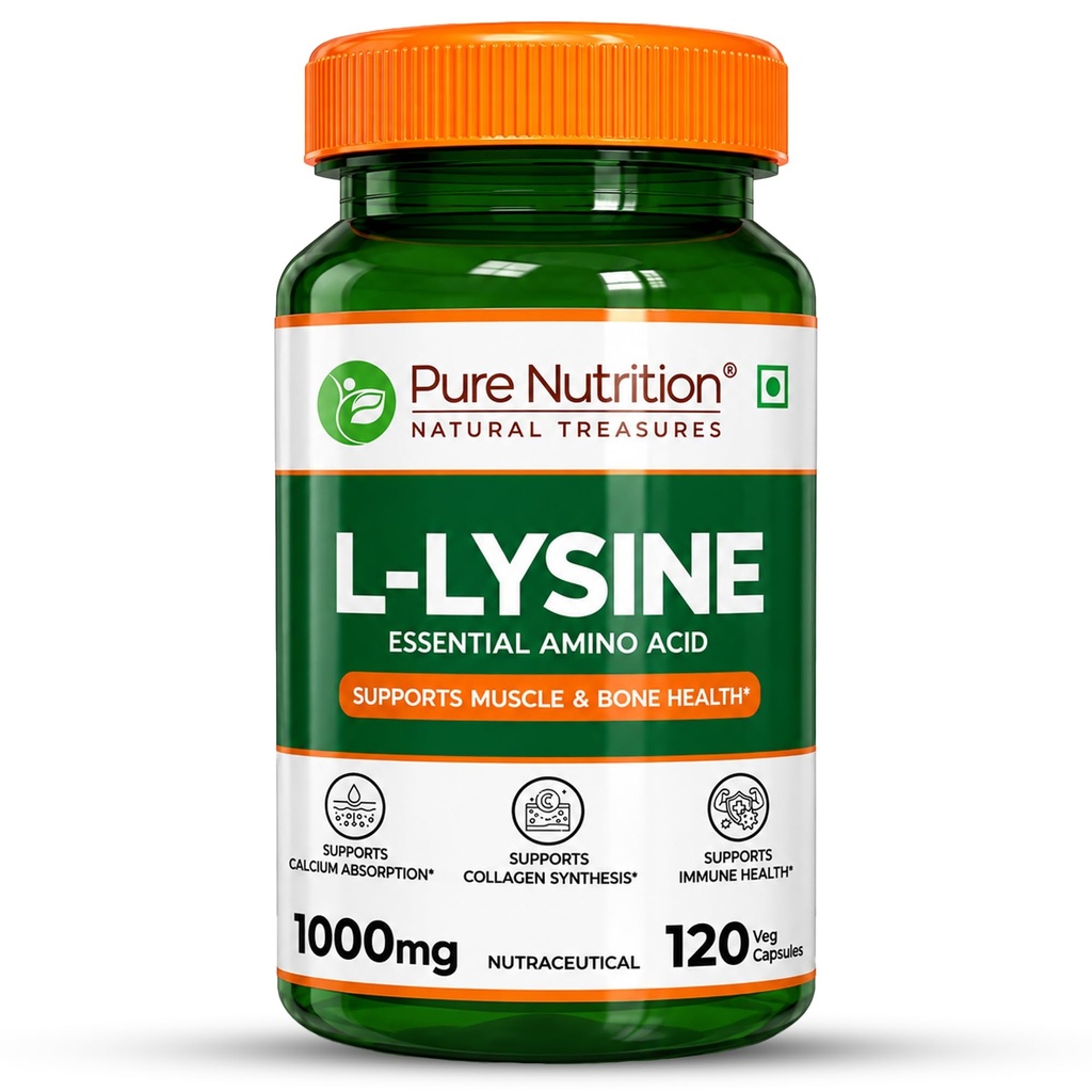 Pure Nutrition L-Lysine 1000mg – 120 Veg Capsules | Essential Amino Acid Supplement | Supports Muscle & Bone Health, Calcium Absorption & Collagen Synthesis