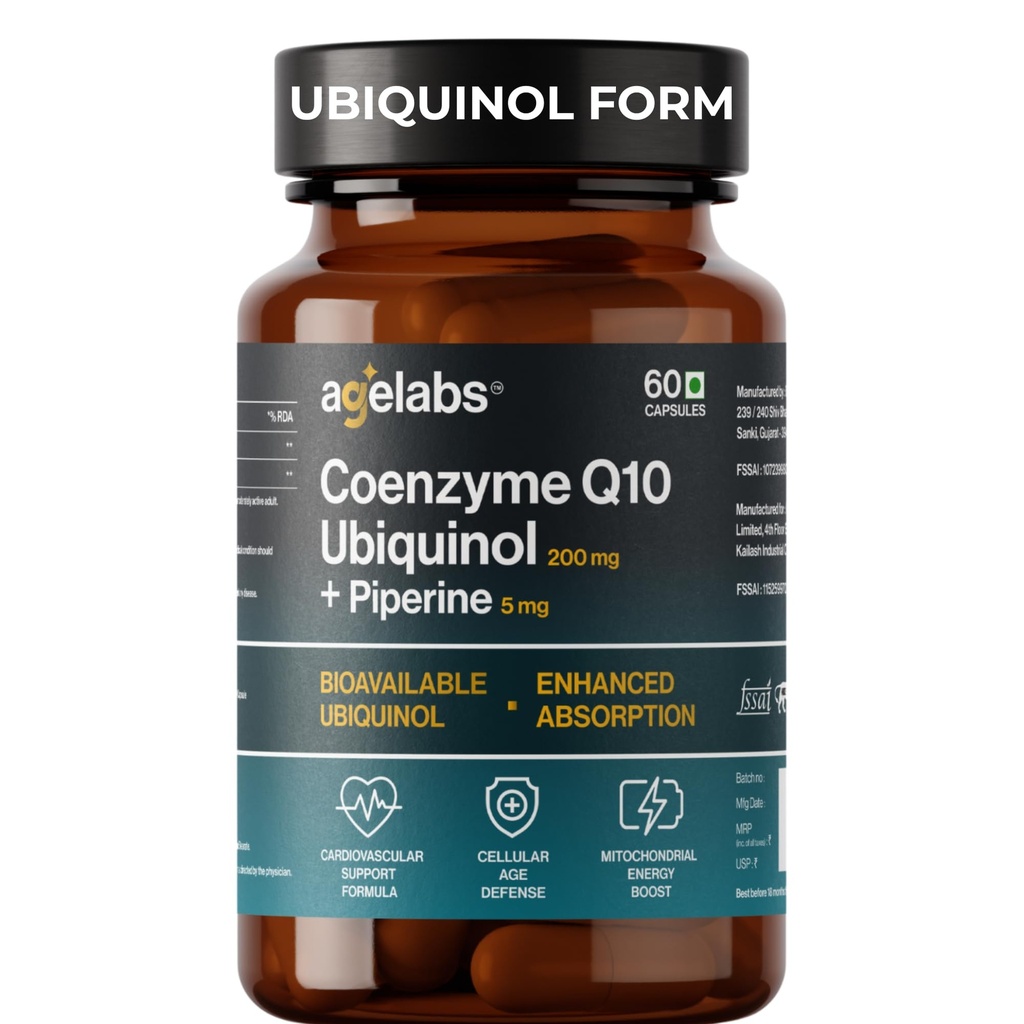 Coenzyme Q10 Ubiquinol 200mg with Piperine | Supports Cellular Energy Production & Cardiovascular Wellness | 60 Vegetarian Capsules