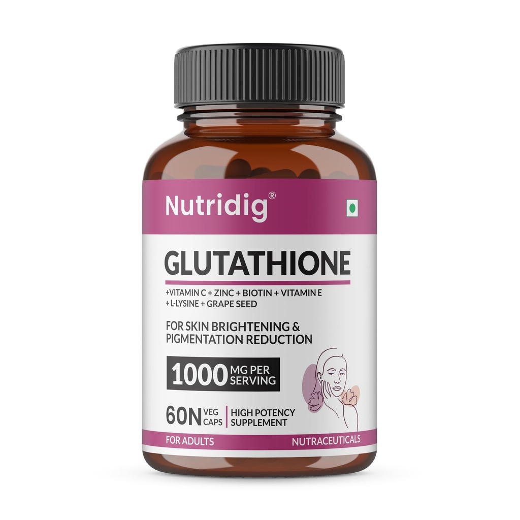 L-Glutathione 1000mg with Vitamin C, Zinc & Biotin | Antioxidant Support for Skin Health & Radiance | FSSAI APPROVED | 60 Veg Capsules