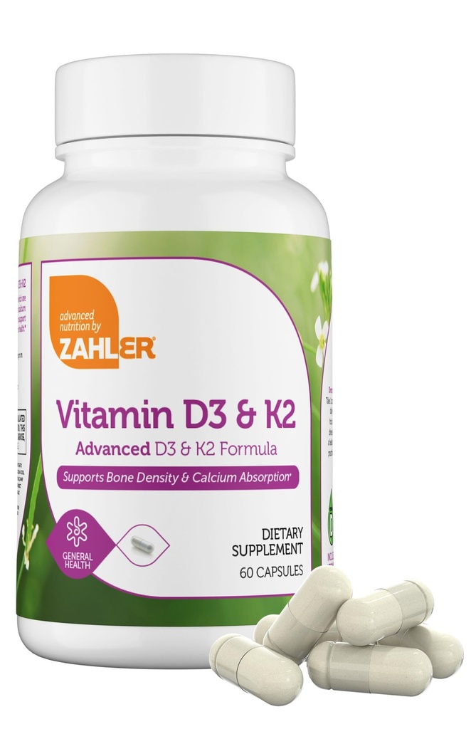 Zahler Vitamine D3 5000 UI K2 - Vitamine avancée D3 K2 Formule - Densité osseuse et absorption de calcium - Végétarien kosher MK7 Vitamine K2 D3 Supplément vitaminique - VIT D3 K2, Vitamine D K2 (60 capsules)
