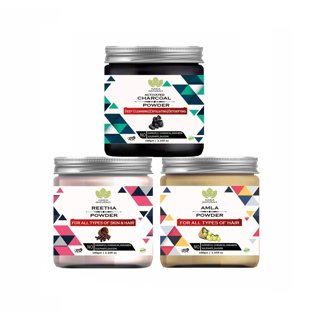 Charcoal Powder 100gm & Reetha Powder 100gm & Amla Powder 100gm (Pack Of 3) 300GM