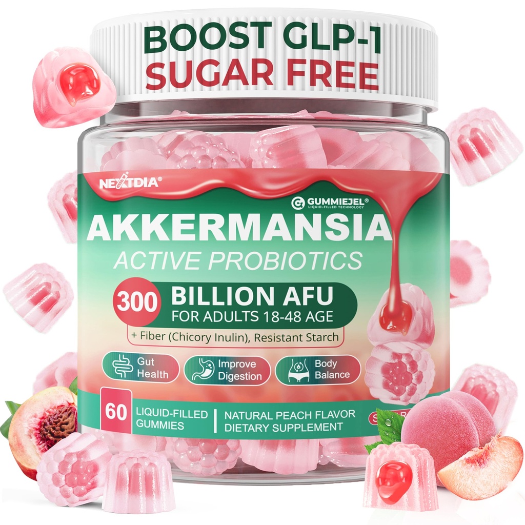 Akkermansia Probiotics Gummies with Prebiotics Fibre, 300 milliards d'AFU Akkermansia Muciniphila, avec des fruits en polyphénol, l'amidon résistant, la vitamine A D3 B2 pour le métabolisme, la digestive et la santé gustative, 1paquet