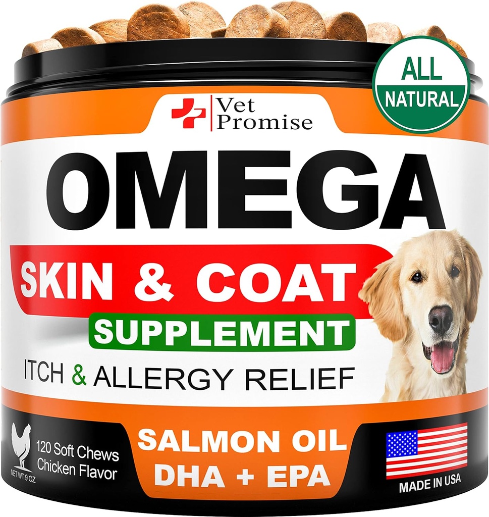 Omega 3 pour chiens - Supplément peau et manteau - Huile de poisson pour chiens Chews - Allergie et Démangeaison - Supplément Anti Shedding - Traitement de la peau sèche - Huile de saumon - Fabriqué aux États-Unis - 120 Soft Treats