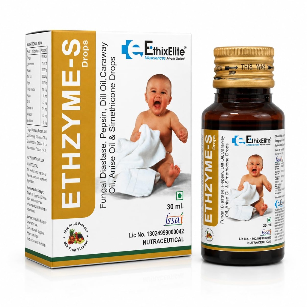 Ethzyme-S Drops 30 ml | Digestive Ethzyme Supplement for Babies | Fungal Diastase, Pepsin & Simethicone | With Dill, Caraway & Anise Oils | Mix Fruit Flavour
