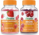 Support immunitaire durable + Fer avec vitamine C, Gummies Bundle - Grande dégustation, supplément de vitamine, sans gluten, sans OGM, à mâcher