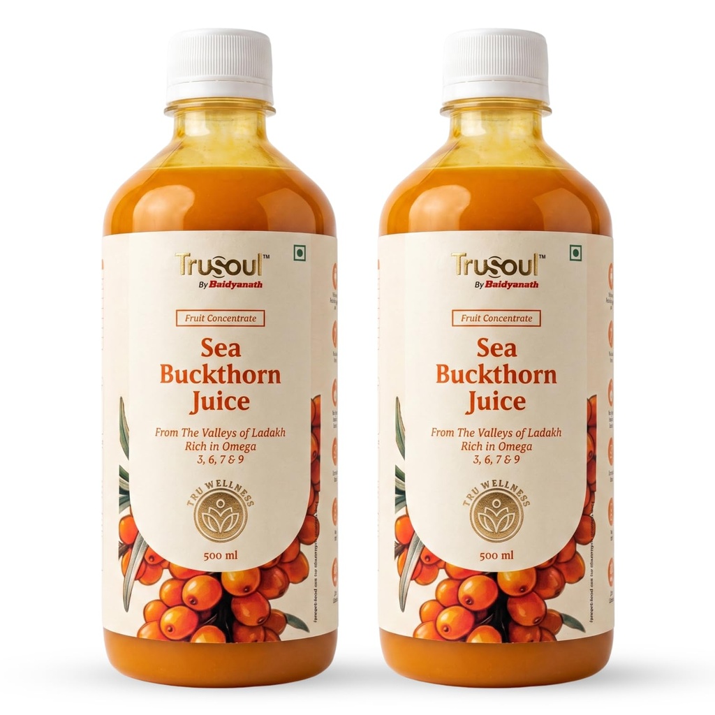 Baidyanath Trusoul Sea Buckthorn Juice 500ml | Himalayan Ladakh Berry Fruit Pulp Concentrate | Omega 3 6 7 9 | Supports Immunity, Skin Glow & Gut Health | No Added Sugar | GMP Certified (Pack of 2)