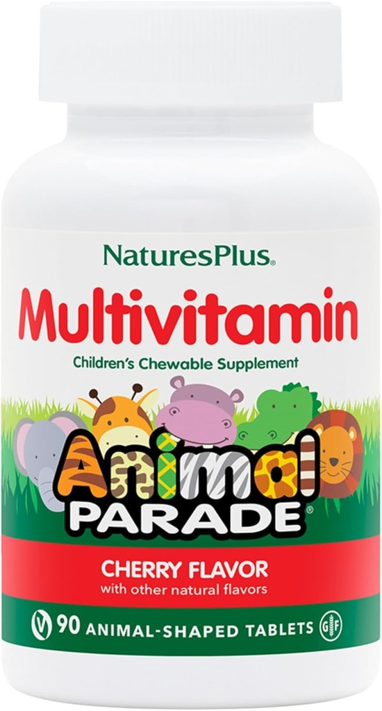 Natures Plus Parade animale Multivitamines Chewables pour enfants - Saveur de cerise - 90 comprimés en forme d'animal - Promotion de la santé et du bien-être - Végétarien, sans gluten - 45 portions
