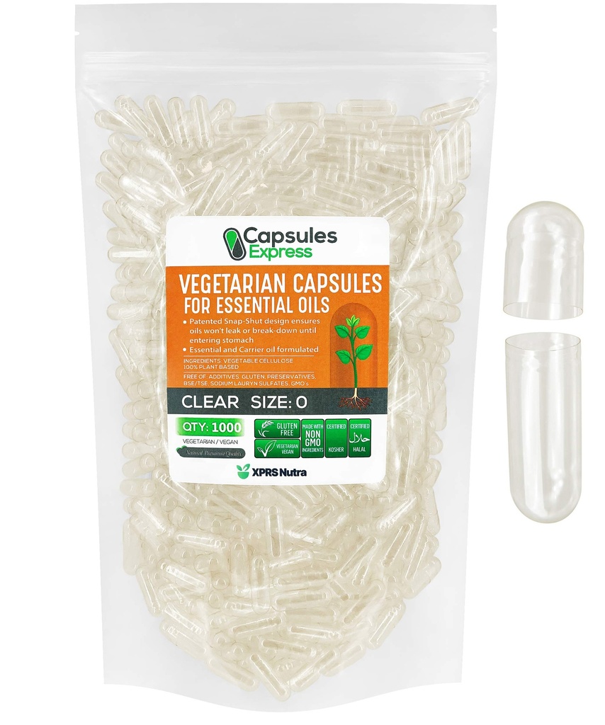 XPRS Nutra Size 0 Empty Vegan Capsules - 1000 Count Clear Veggie Capsules for Essential Oils - Empty Vegetable Caps - DIY Filling Works with Most Oil