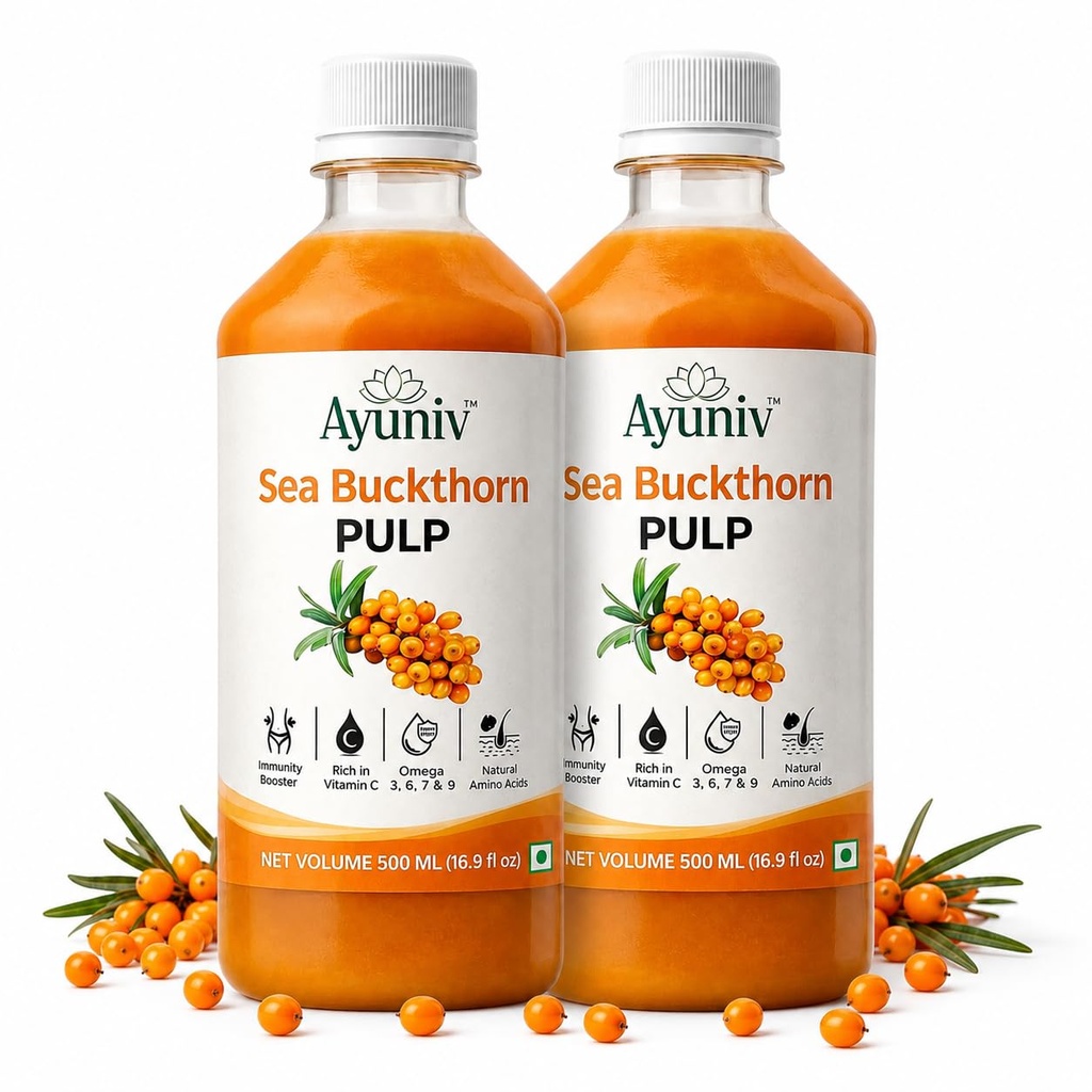 Ayuniv Himalayan Sea Buckthorn Juice 1000ml | Omega 3 6 7 9 | Vitamin C Rich | Natural Antioxidant Drink | Supports Immunity, Gut Health, Skin & Hair | No Added Sugar (500ml * 2)
