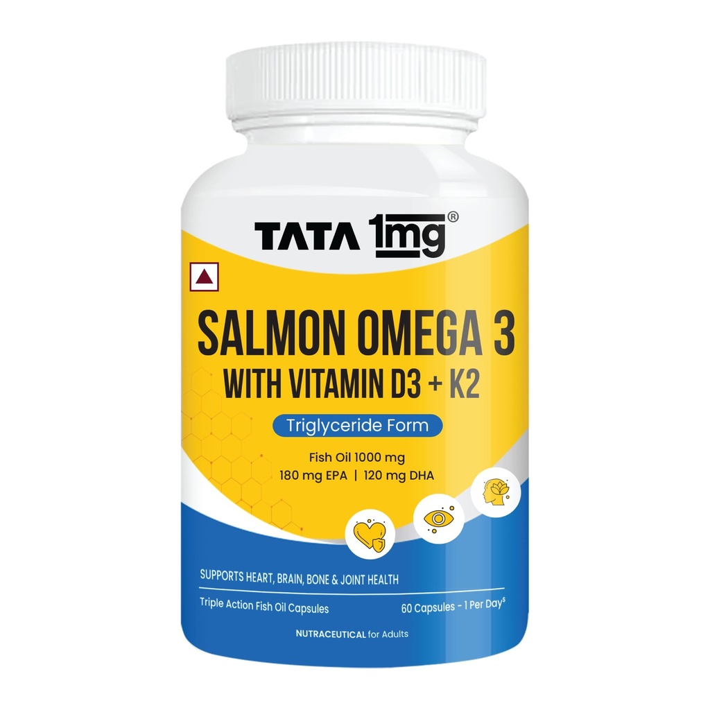 Tata 1mg Salmon Omega 3 Fish Oil Capsules with Vitamin D3 & K2-7 | 1000mg Fish Oil, 180mg EPA & 120mg DHA | Triglyceride Form | Heart, Brain, Bone & Joint Health | 60 Capsules