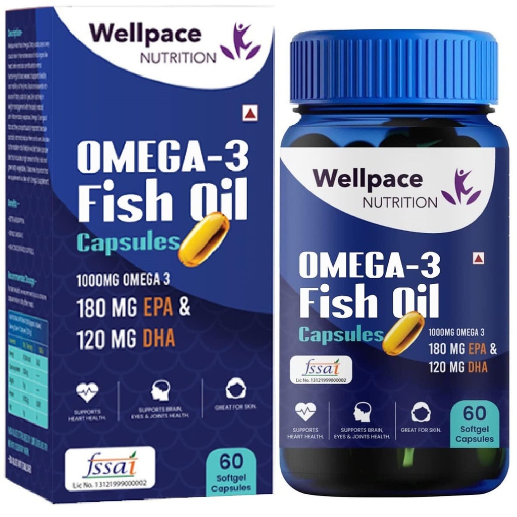 Omega-3 Fish Oil 1000mg | EPA 180mg & DHA 120mg for Brain, Heart & Eye Health (60 Capsules)